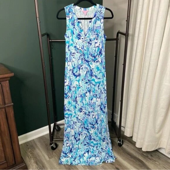 🌸Lilly Pulitzer🌸 Essie Maxi Dress Tropical Turquoise Elephant Size XS - EUC - Picture 2 of 6